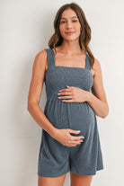 Denim Sleeveless Smocked Maternity Romper Front View
