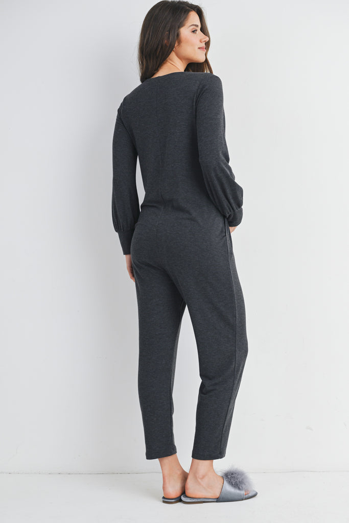 Charcoal French Terry Long Sleeve Maternity Jumpsuit Nursing Friendly Back View