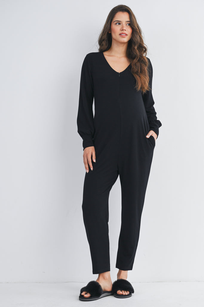 Black French Terry Long Sleeve Maternity Jumpsuit Nursing Friendly Front View
