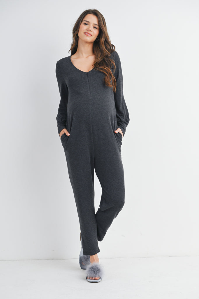 Charcoal French Terry Long Sleeve Maternity Jumpsuit Nursing Friendly Front View