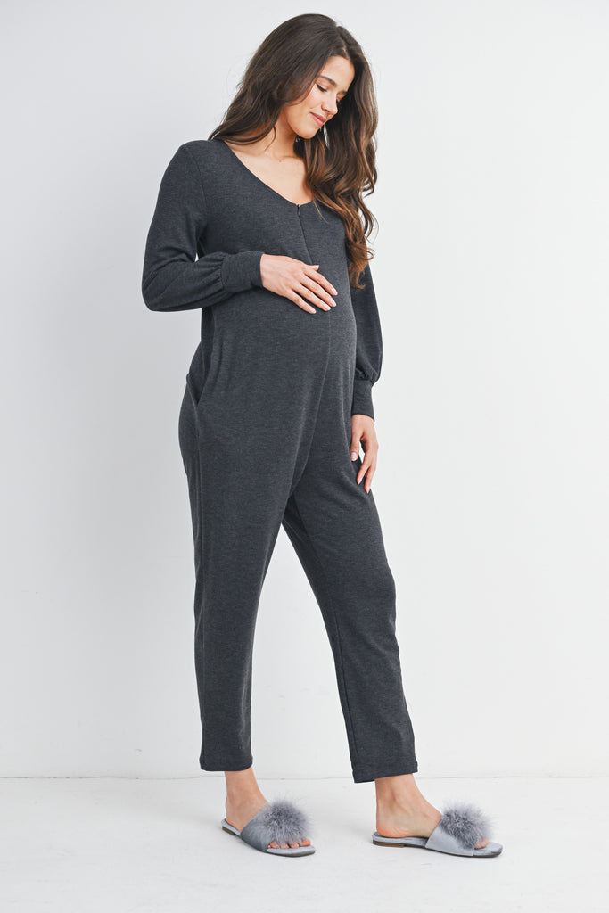 Charcoal French Terry Long Sleeve Maternity Jumpsuit Nursing Friendly Side View