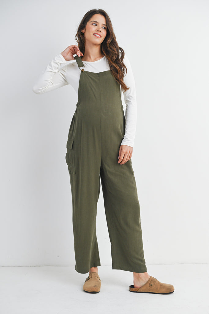 Olive Adjustable Straight Leg Maternity Overalls Front View