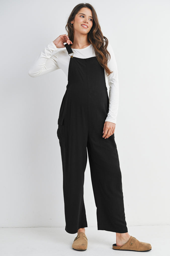 Black Adjustable Straight Leg Maternity Overalls Front View