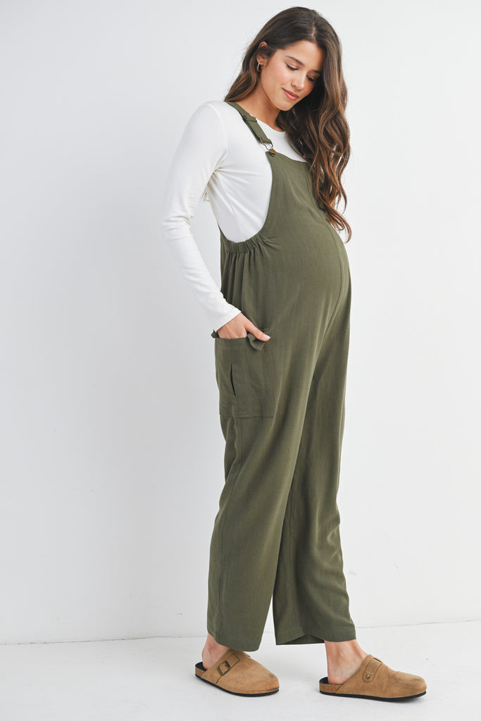 Olive Adjustable Straight Leg Maternity Overalls Side View
