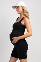Black maternity sleeveless square neck activewear romper side view