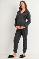 Charcoal maternity nursing jumpsuit with full front zipper and drawstring hood
