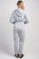 Heather grey maternity hooded jogger jumpsuit with elasticized waist back view