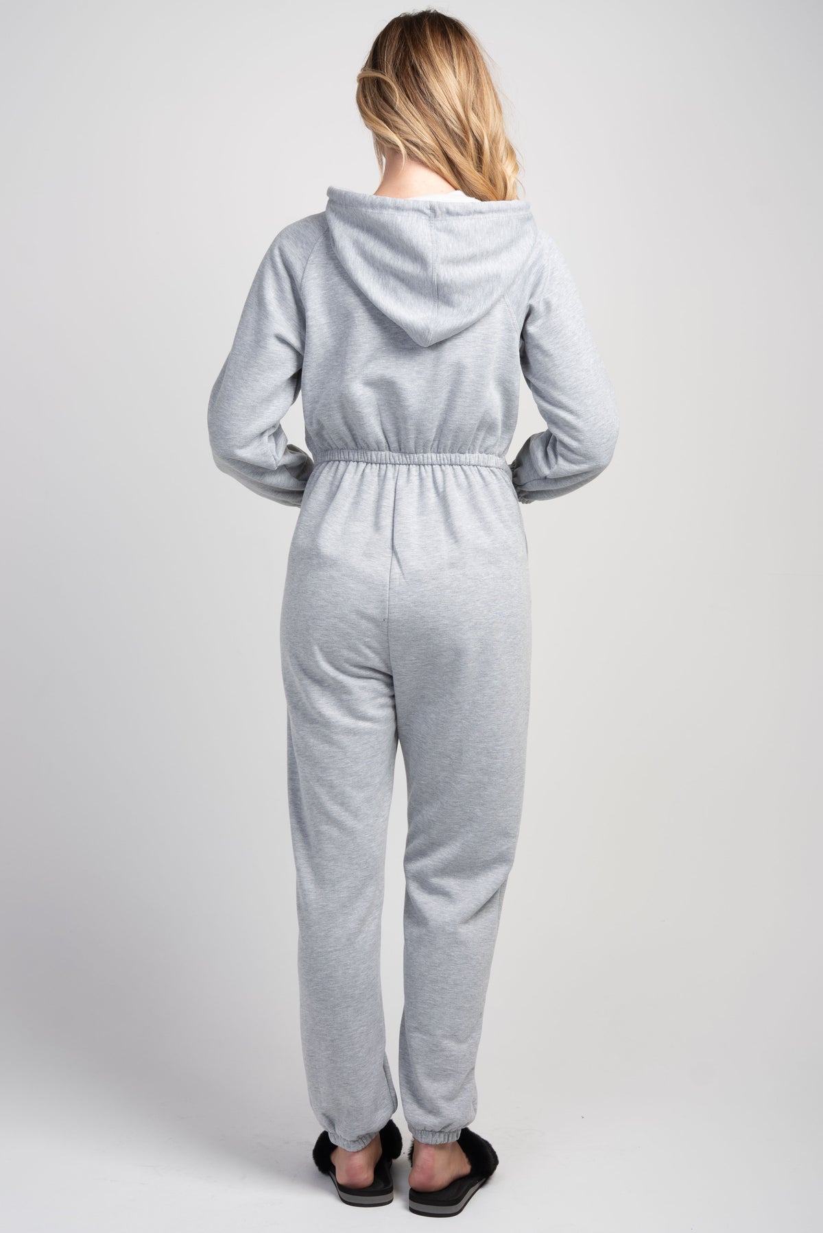 Heather grey maternity hooded jogger jumpsuit with elasticized waist back view