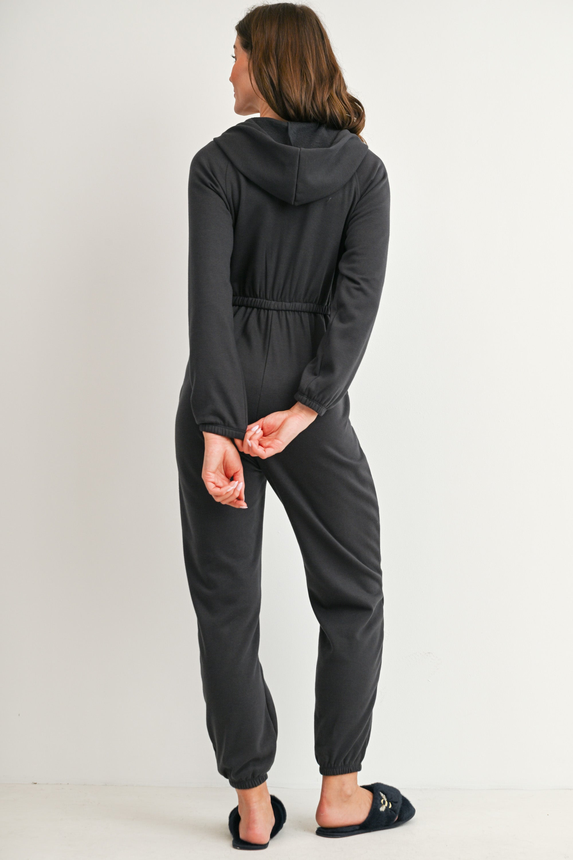 Maternity hooded jogger jumpsuit with elasticized waist and cuffs back view