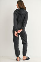 Maternity hooded jogger jumpsuit with elasticized waist and cuffs back view