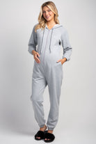 Heather grey maternity nursing hooded zip-front jogger jumpsuit with pockets