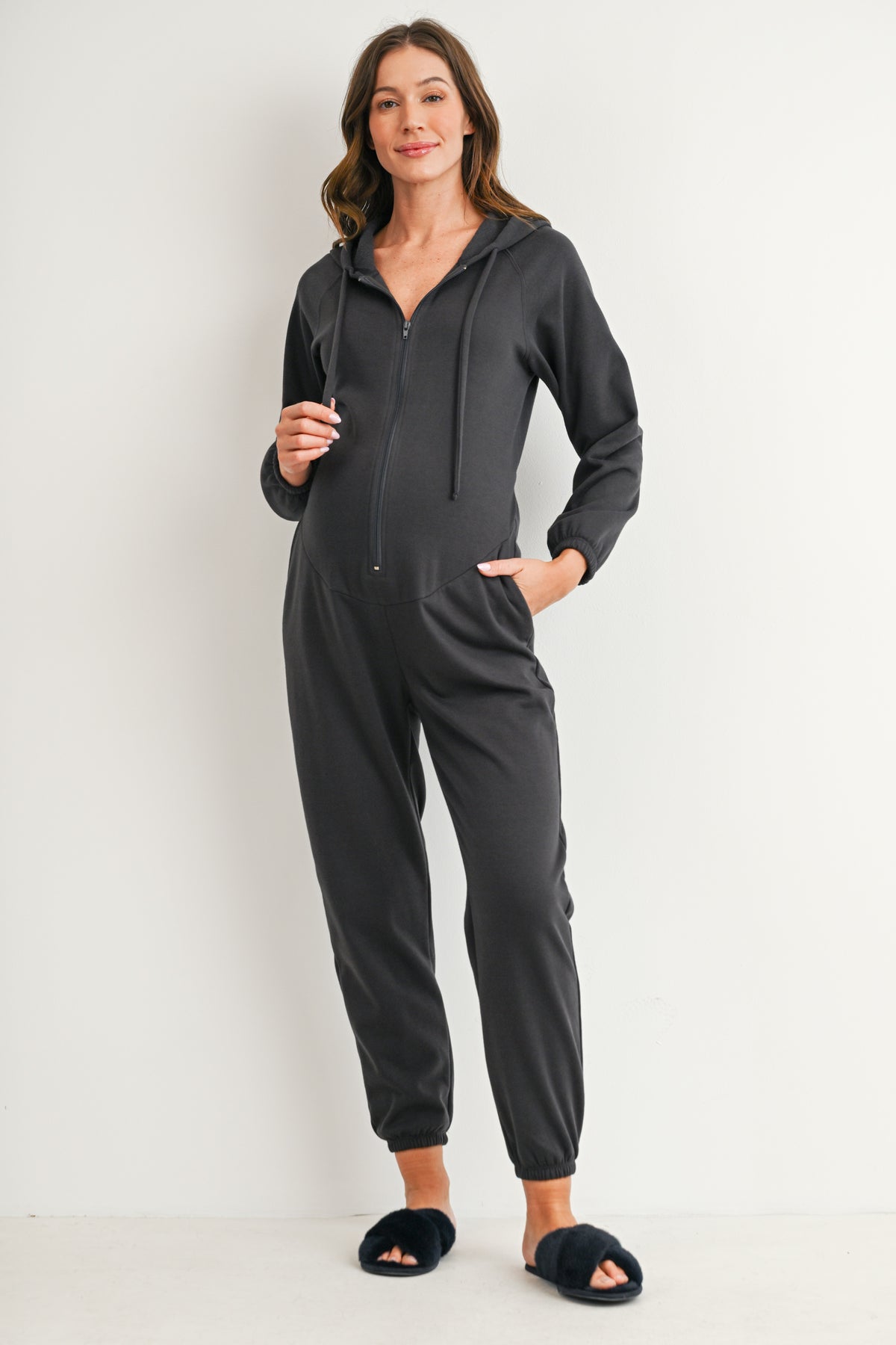 Charcoal maternity nursing hooded zip-front jogger jumpsuit with pockets