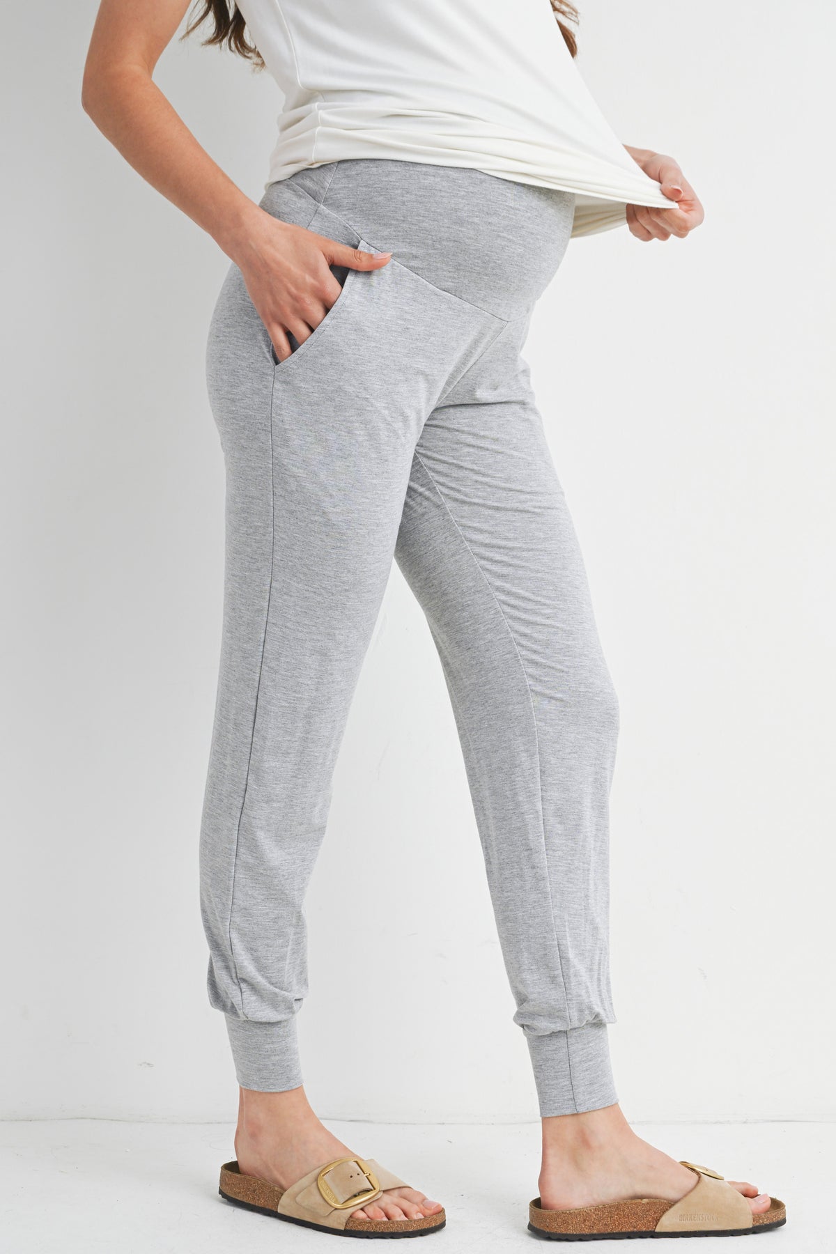 Heather Grey Maternity Waistband Jogger Pant with Pockets Side View