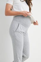 Heather Grey Maternity Waistband Jogger Pant with Pockets Close Up