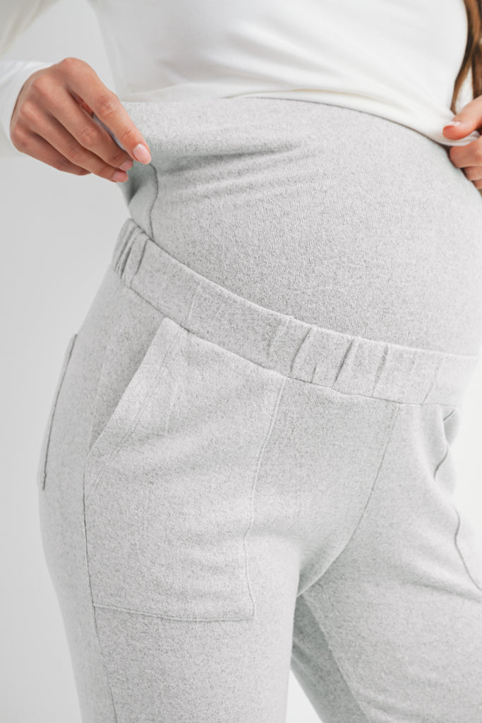 Heather Grey Over The Belly Soft Lounge Maternity Pants Band Close Up
