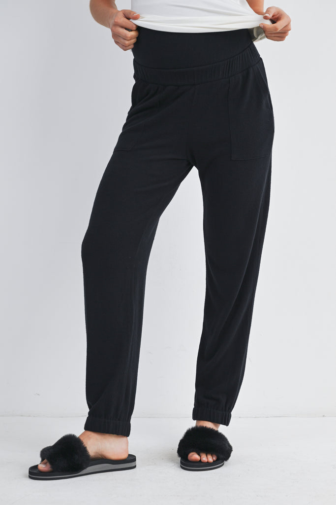 Black Over The Belly Soft Lounge Maternity Pants Front View