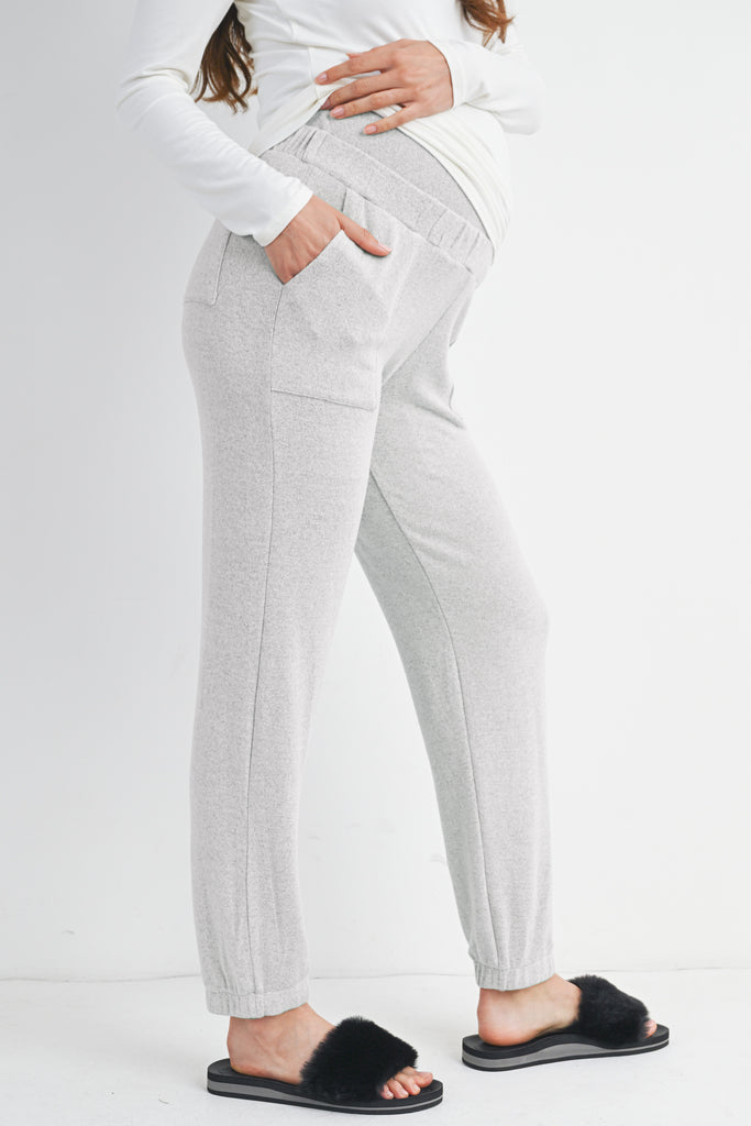 Heather Grey Over The Belly Soft Lounge Maternity Pants Side View