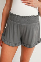 Olive Smocked Waist Ruffled Hem Ribbed Maternity Shorts Detail Close Up