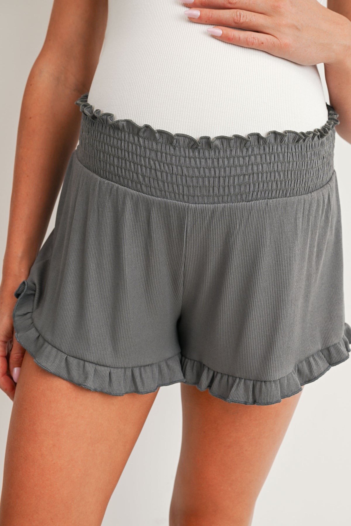 Olive Smocked Waist Ruffled Hem Ribbed Maternity Shorts Detail Close Up