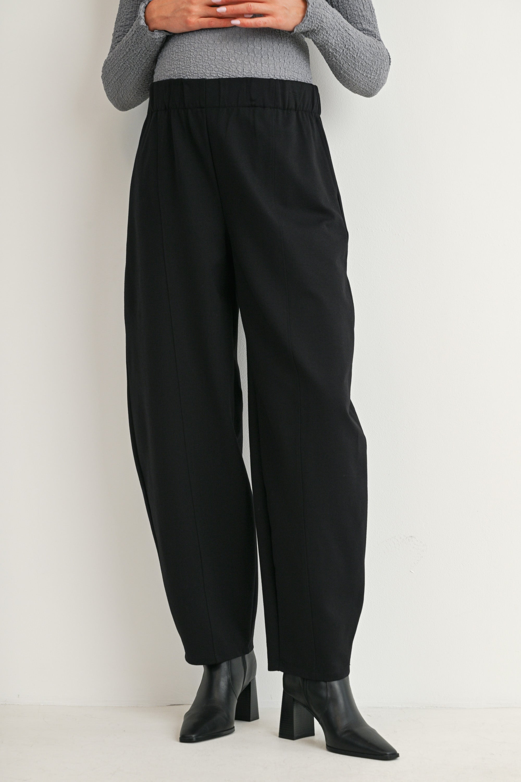 Black Pull-On Cropped Tapered Leg Maternity Pants with Pockets Front View