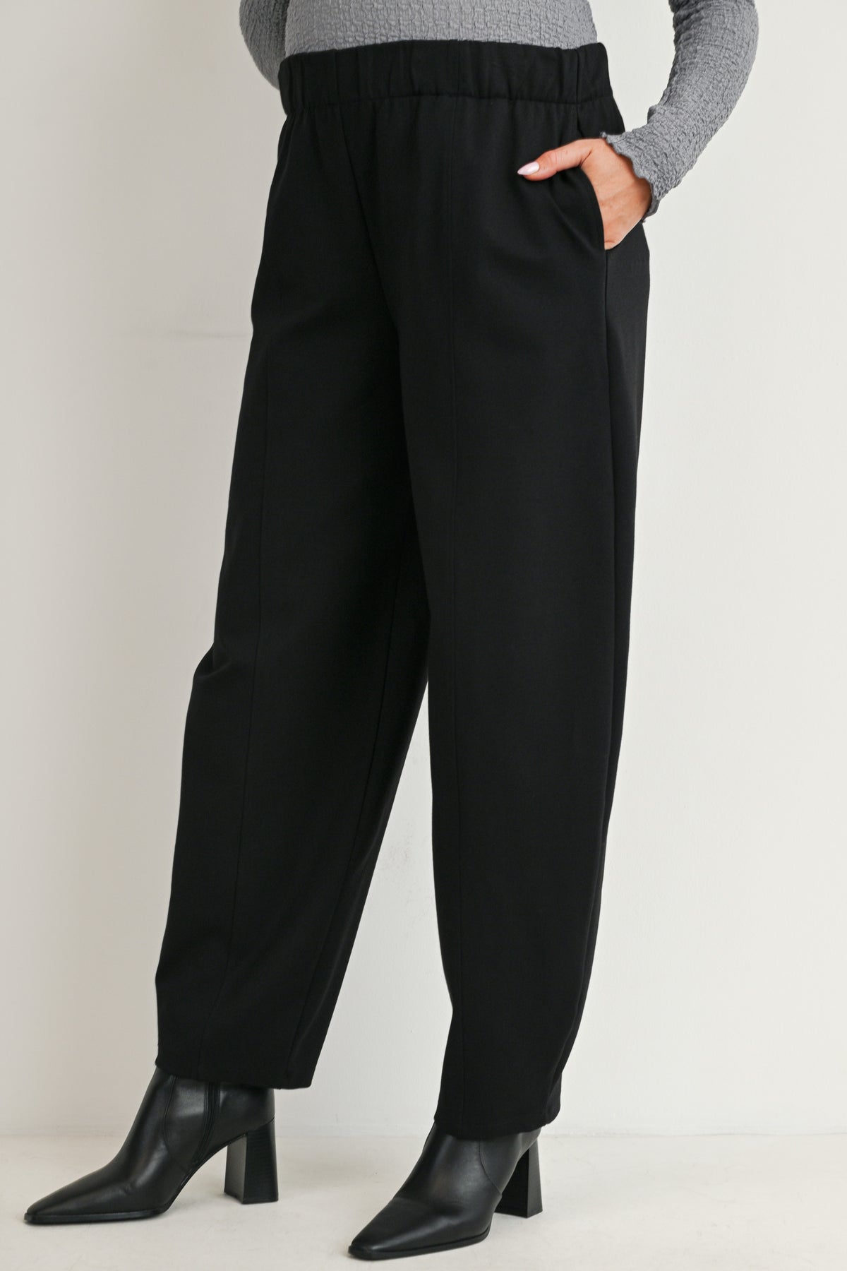 Black Pull-On Cropped Tapered Leg Maternity Pants with Pockets Side View