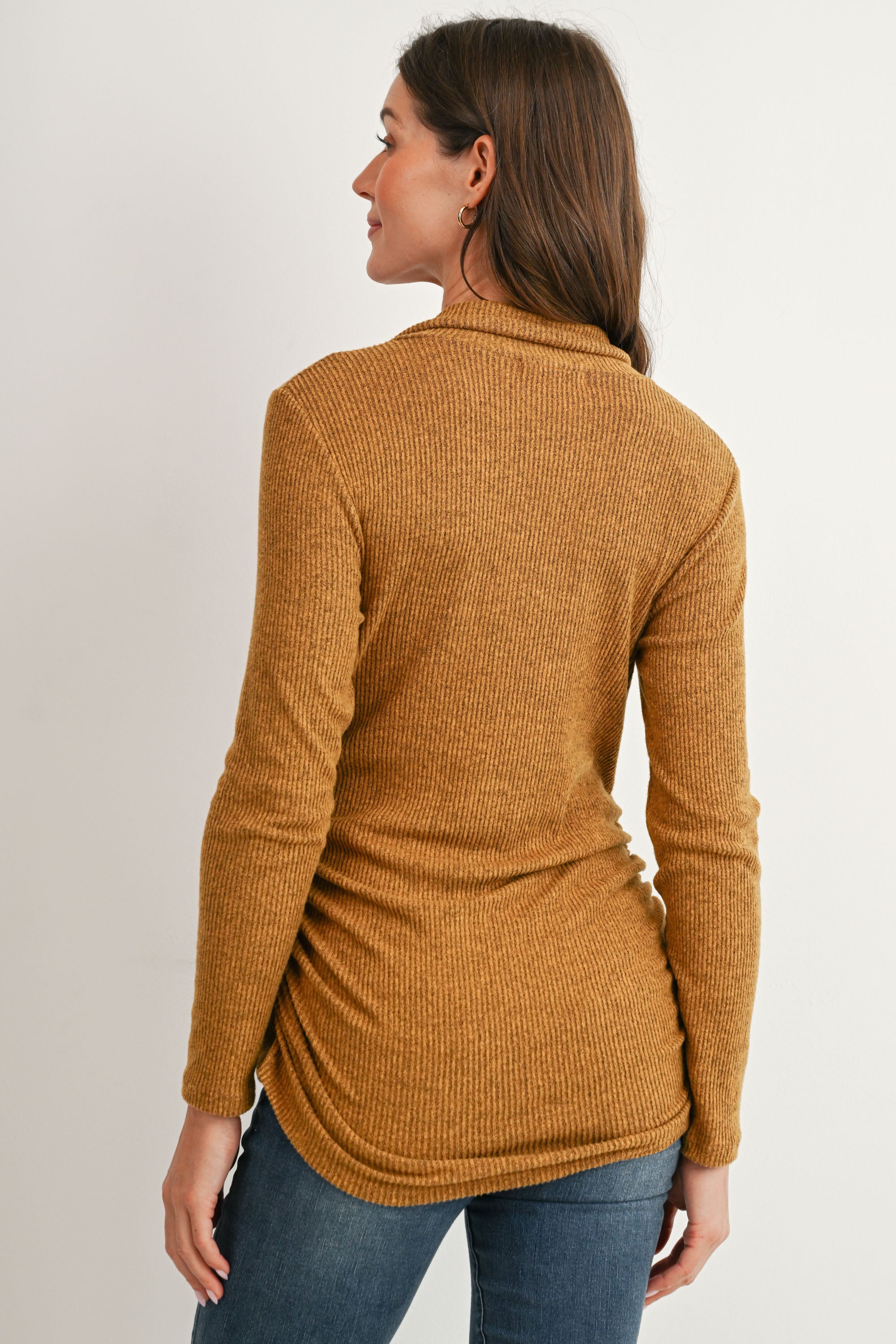 Mustard Faux Wrap V-Neck Long Sleeve Nursing Maternity Top Back View