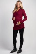 Burgundy Faux Wrap V-Neck Long Sleeve Nursing Maternity Top Full Body