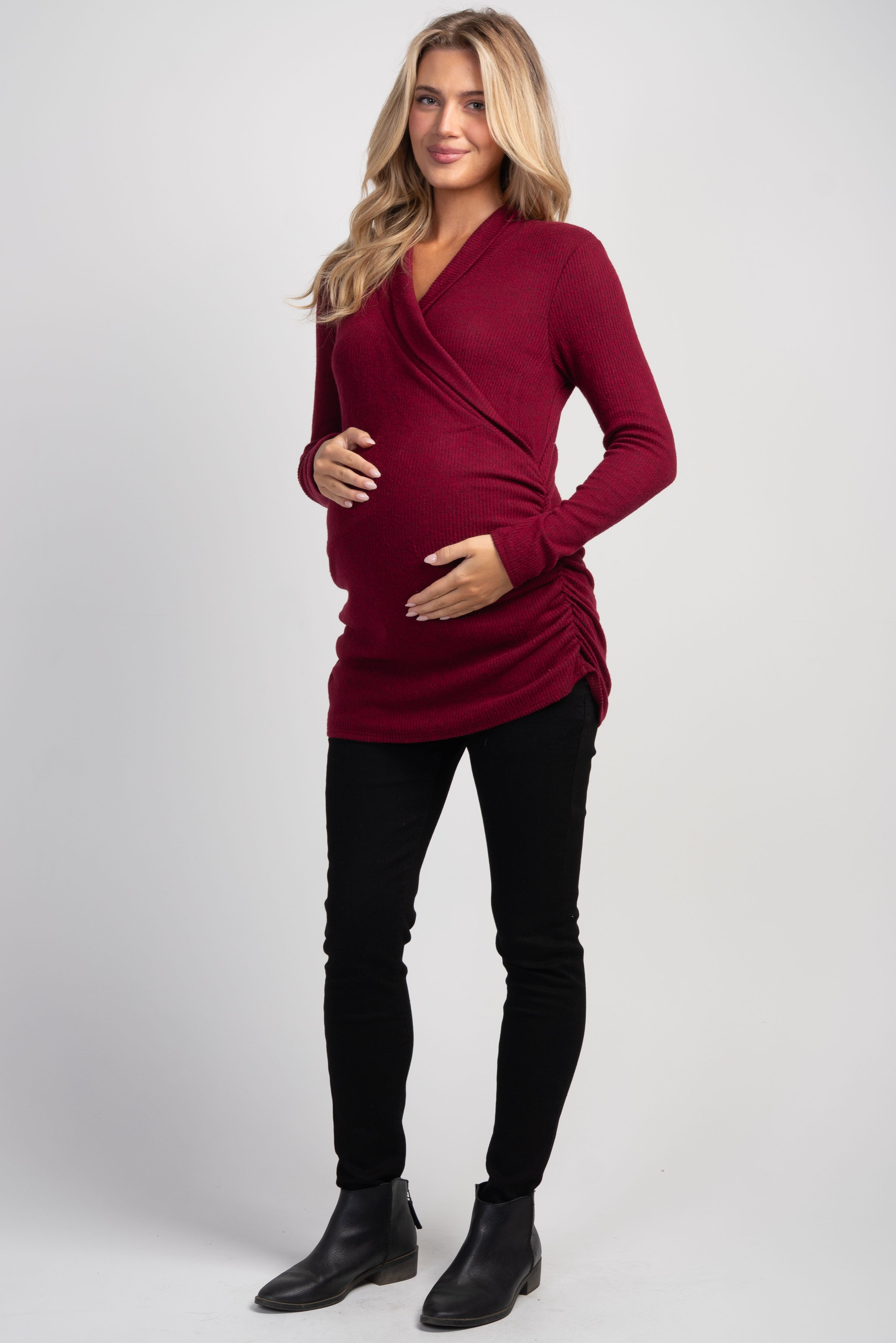 Burgundy Faux Wrap V-Neck Long Sleeve Nursing Maternity Top Full Body