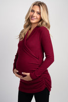 Burgundy Faux Wrap V-Neck Long Sleeve Nursing Maternity Top Side View