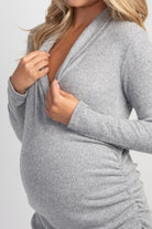 Heather Grey Faux Wrap V-Neck Long Sleeve Nursing Maternity Top Detail