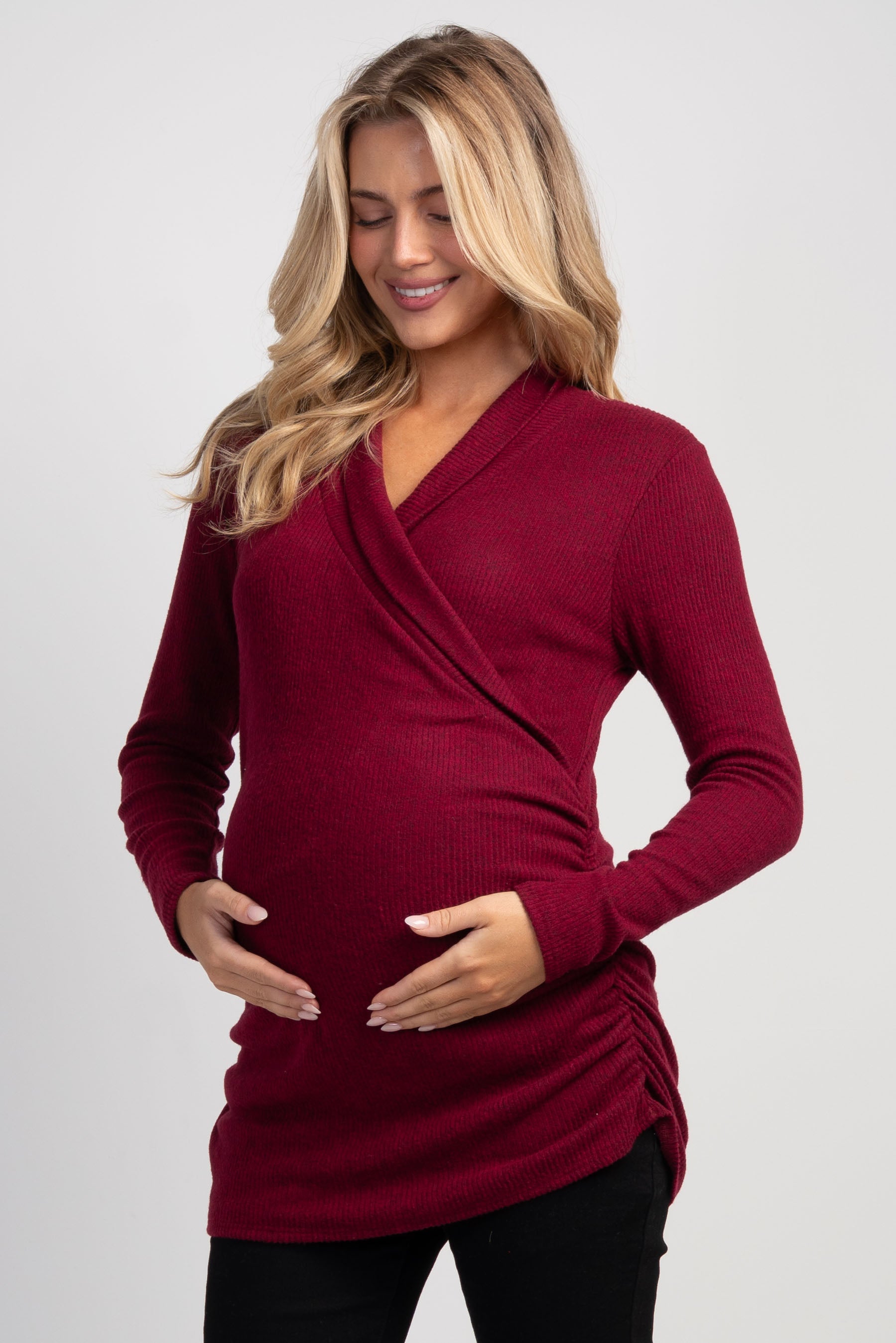 Burgundy Faux Wrap V-Neck Long Sleeve Nursing Maternity Top Front View