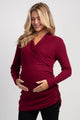 Burgundy Faux Wrap V-Neck Long Sleeve Nursing Maternity Top Front View