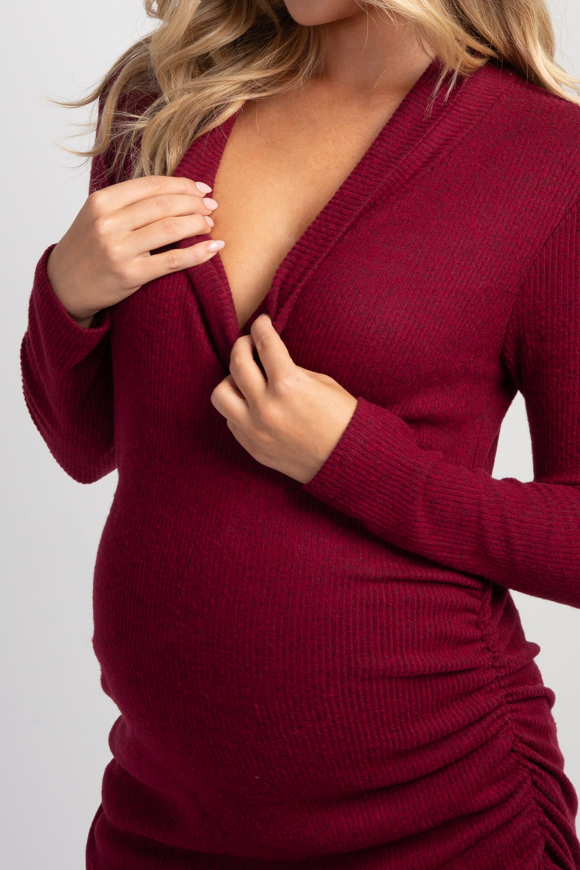 Burgundy Faux Wrap V-Neck Long Sleeve Nursing Maternity Top Detail