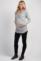 Heather Grey Faux Wrap V-Neck Long Sleeve Nursing Maternity Top Full Body
