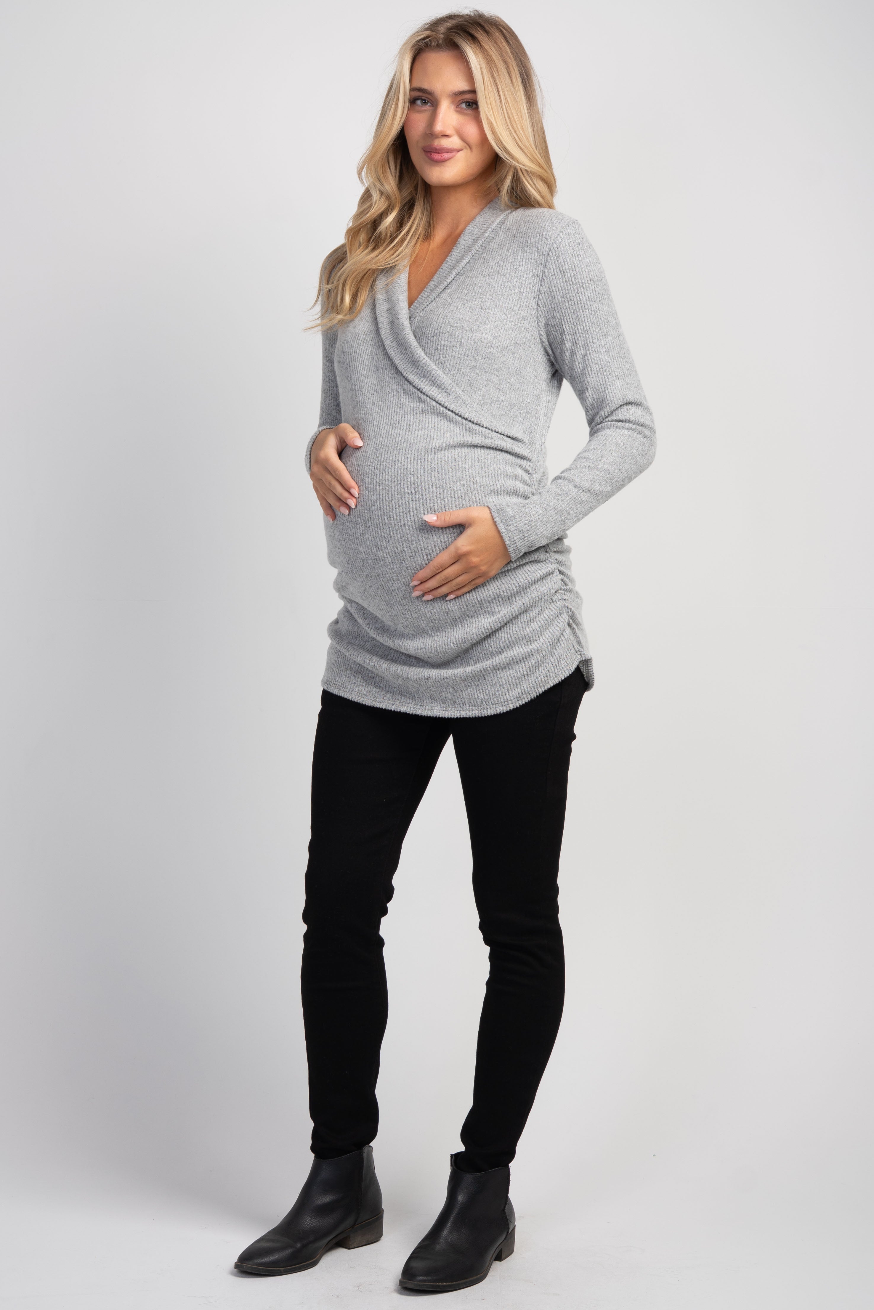 Heather Grey Faux Wrap V-Neck Long Sleeve Nursing Maternity Top Full Body
