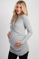Heather Grey Faux Wrap V-Neck Long Sleeve Nursing Maternity Top Front View