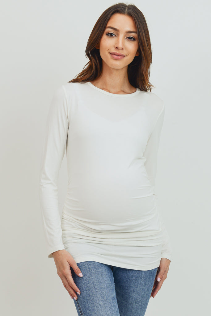 Ivory Modal Jersey Round Neck Long Sleeve Maternity Top Front