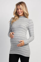 Grey Striped Mock Neck Long Sleeve Maternity Top Front View