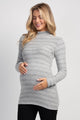 Grey Striped Mock Neck Long Sleeve Maternity Top Front View
