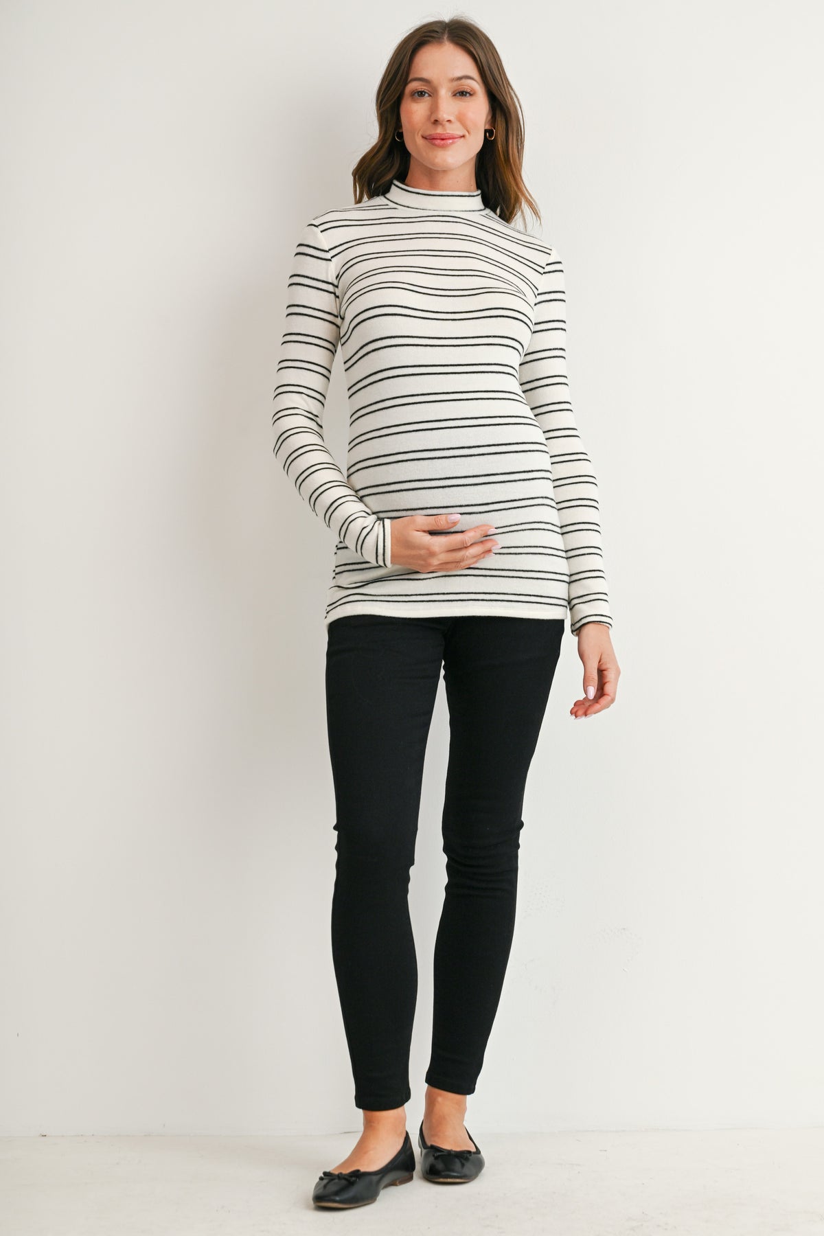 White Striped Mock Neck Long Sleeve Maternity Top Full Body