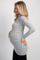 Grey Striped Mock Neck Long Sleeve Maternity Top Side View