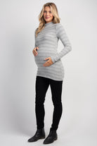 Grey Striped Mock Neck Long Sleeve Maternity Top Full Body