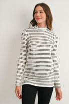 White Striped Mock Neck Long Sleeve Maternity Top Front View