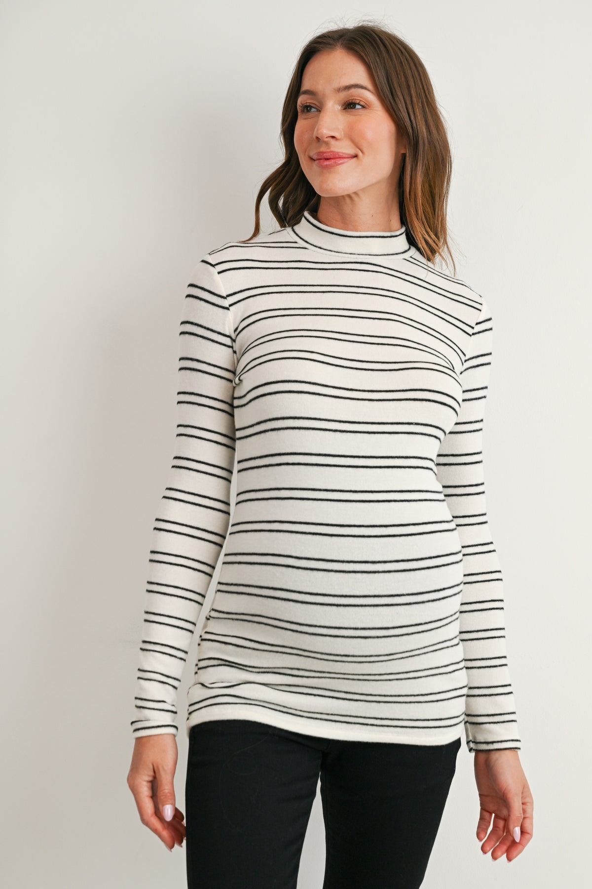 White Striped Mock Neck Long Sleeve Maternity Top Front View