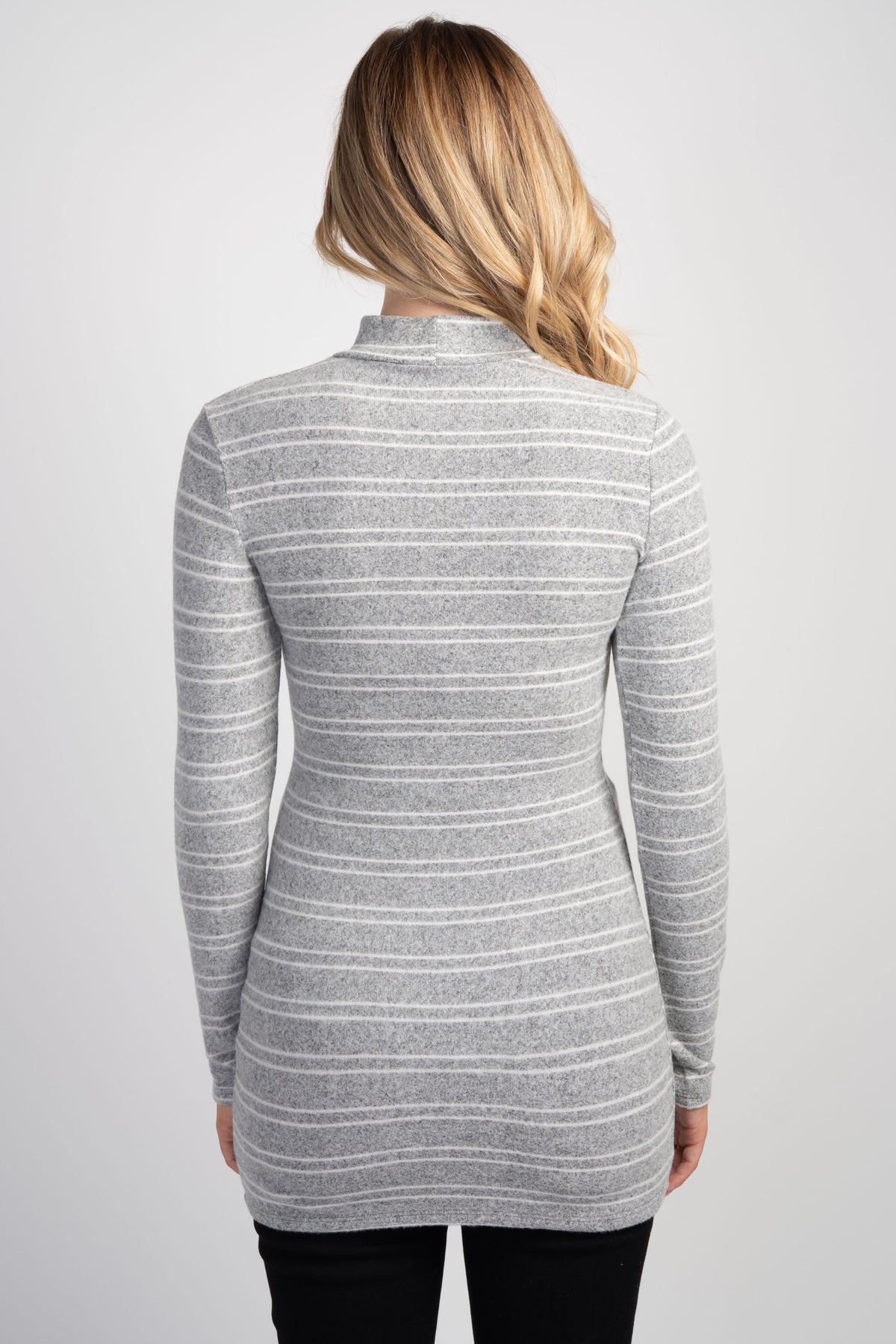 Grey Striped Mock Neck Long Sleeve Maternity Top Back View