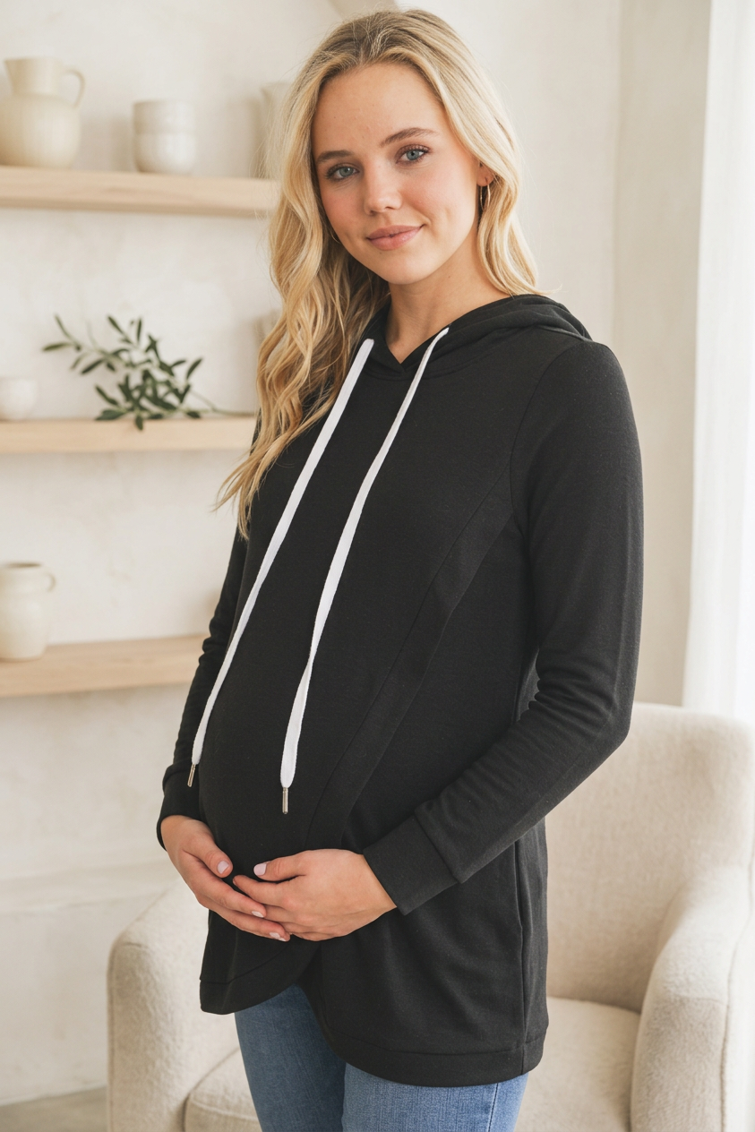 Black Heavy Brushed French Terry Maternity/Nursing Hoodie Lifestyle