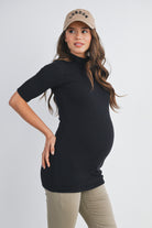 Black Ribbed Short Sleeve Mock Neck Maternity Top Side View
