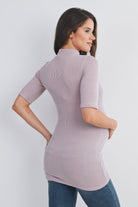 Mauve Ribbed Short Sleeve Mock Neck Maternity Top Back View
