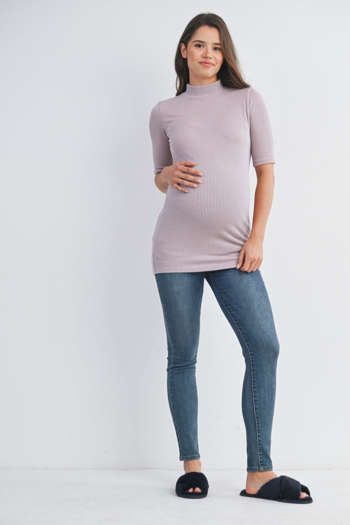 Mauve Ribbed Short Sleeve Mock Neck Maternity Top Full Body
