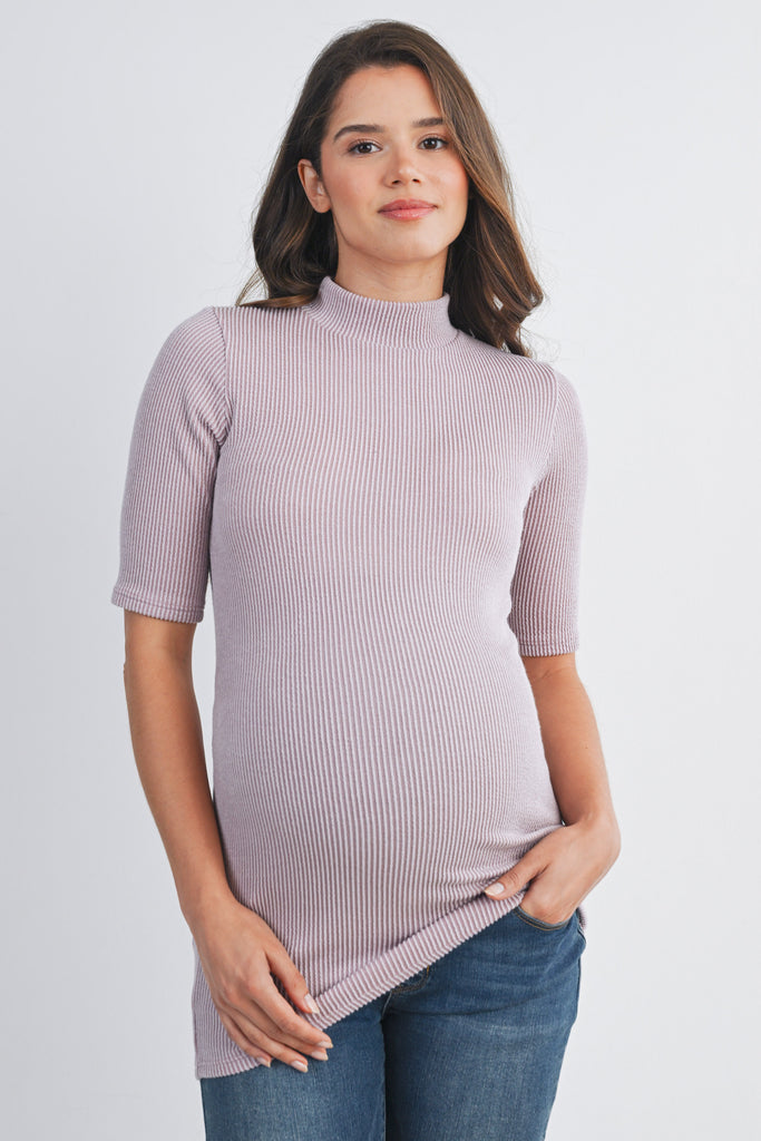 Mauve Ribbed Short Sleeve Mock Neck Maternity Top Front View